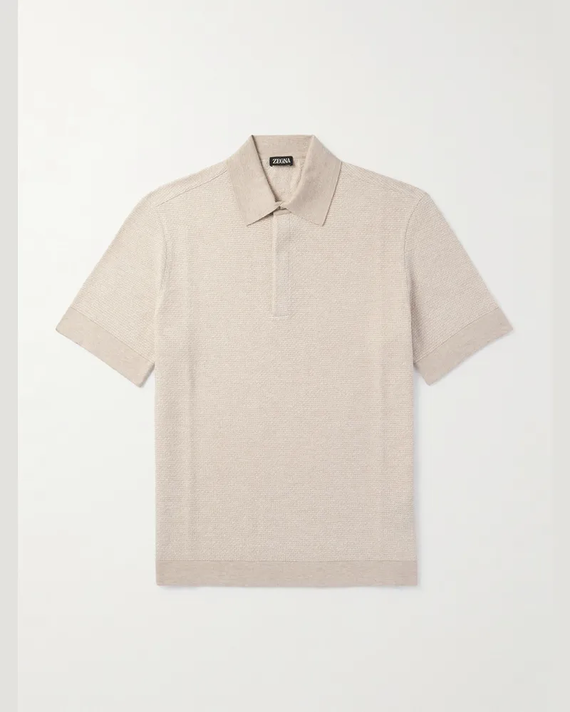 Ermenegildo Zegna Cotton, Linen and Silk-Blend Polo Shirt Neutrals