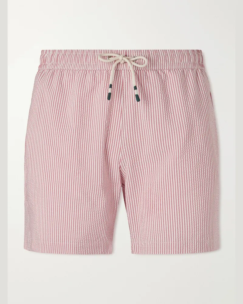 Hartford Gerade geschnittene, mittellange Badeshorts aus gestreiftem Seersucker Rot