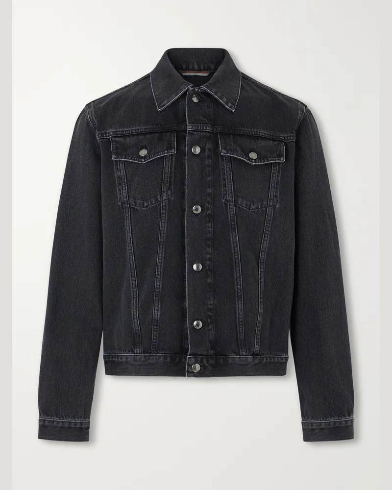 Canali Leather-Trimmed Denim Jacket Black