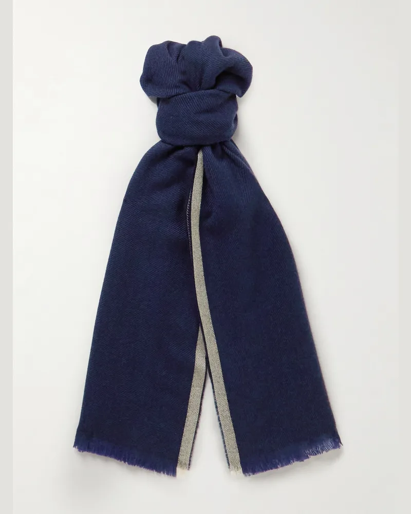 Brunello Cucinelli Fringed Striped Wool and Cashmere-Blend Scarf Blue