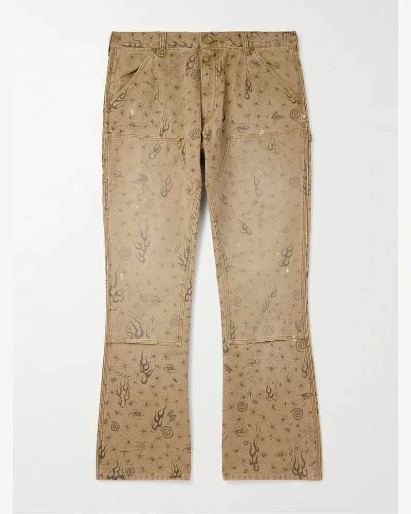 SAINT MXXXXXX Dr. Woo Bootcut Double-Knee Printed Cotton-Canvas Trousers Neutrals