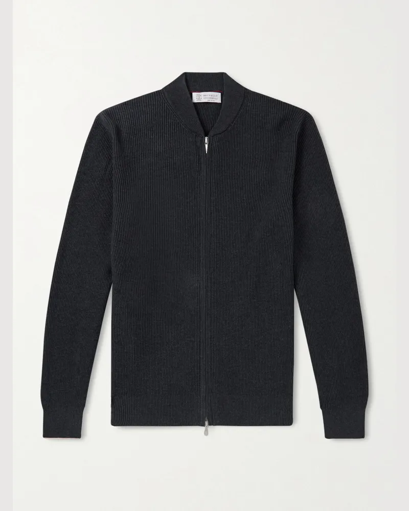 Brunello Cucinelli Pullover aus Baumwolle in Rippstrick mit Reißverschluss Grau