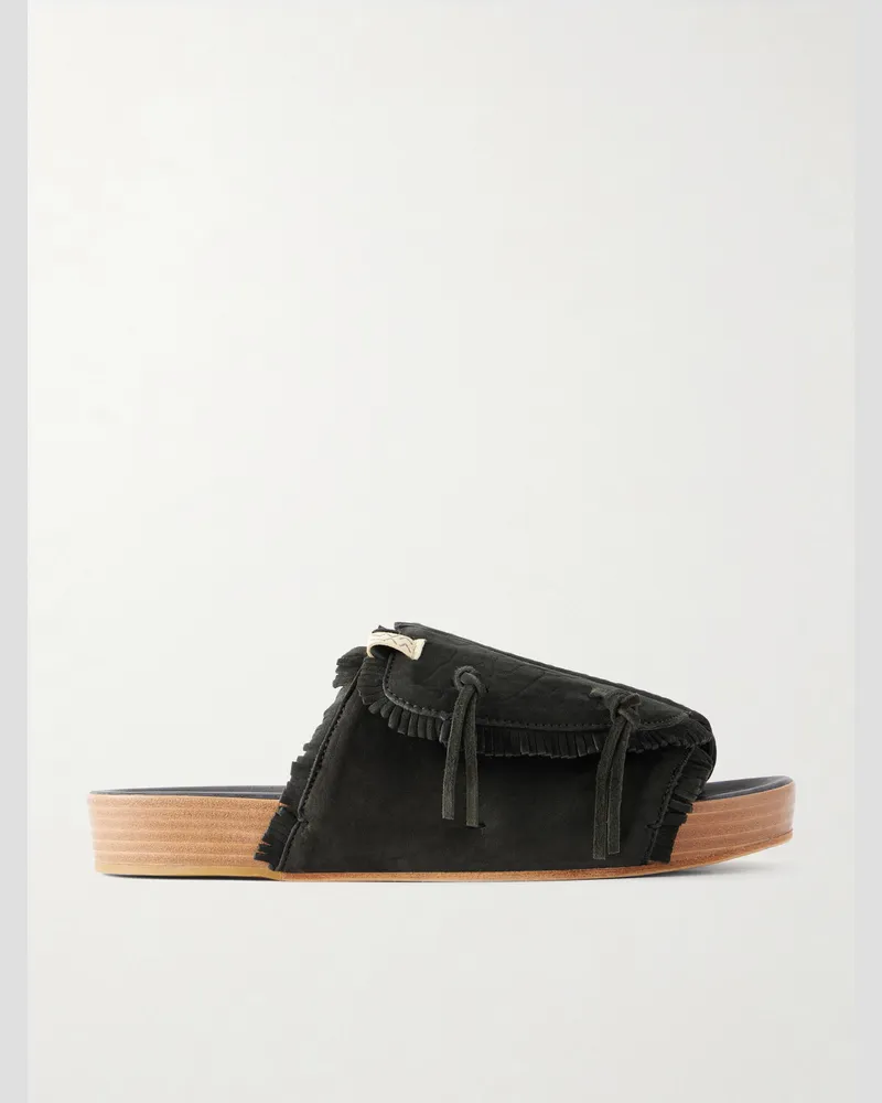 Visvim Christo Shaman Folk Fringed Suede Summer Shoes Black