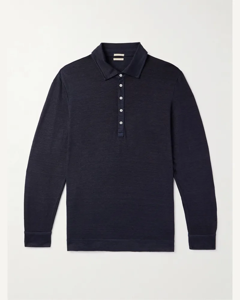 Massimo Alba Raya Pullover aus einer Leinen-Baumwollmischung mit Polokragen Blau