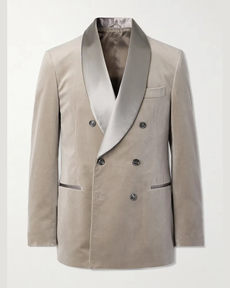 Brunello Cucinelli Schmal geschnittene doppelreihige Smokingjacke aus Baumwollsamt mit Schalkragen Neutral