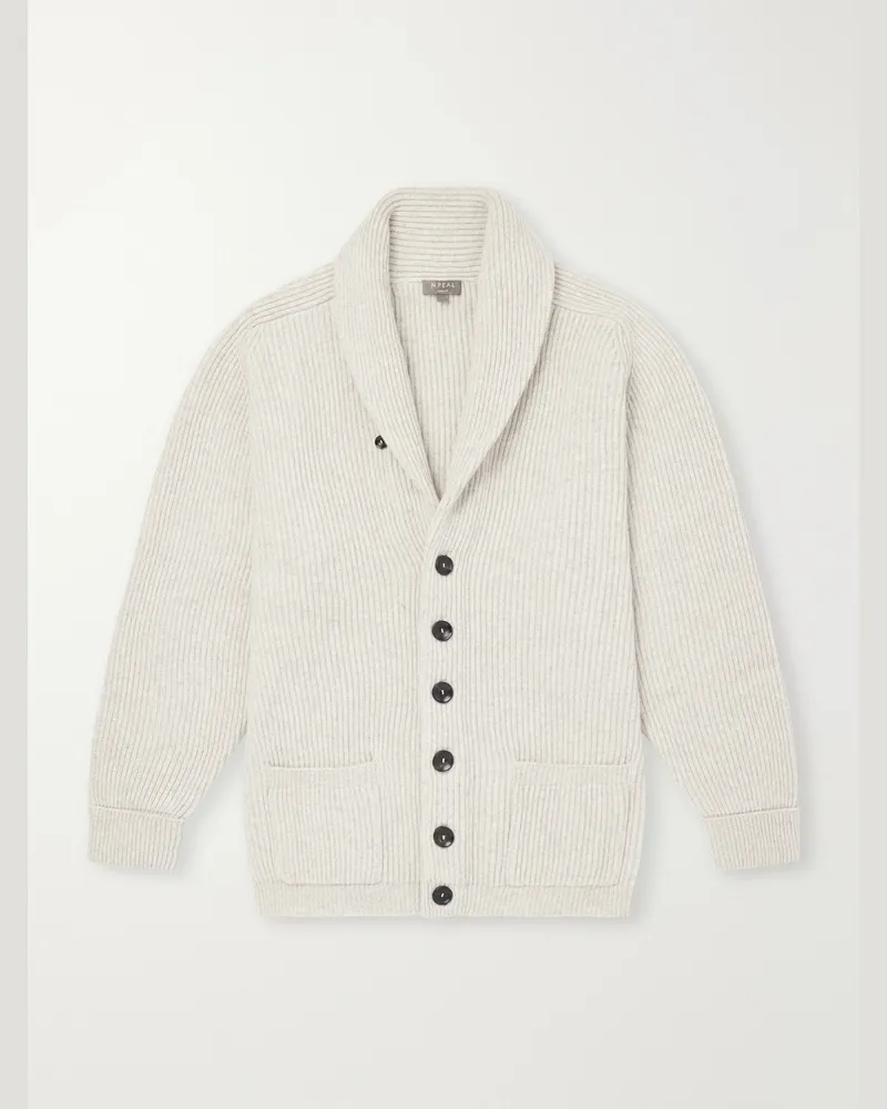 N.Peal Kensington Shawl-Collar Ribbed Cashmere Cardigan Gray