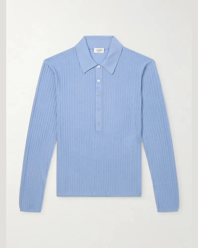 Saint Laurent Schmal geschnittener Pullover aus einer Mischung aus Wolle, Kaschmir und Seide mit Polokragen Blau