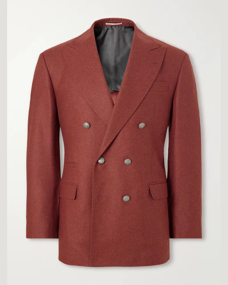 Brunello Cucinelli Double-Breasted Cashmere-Flannel Blazer Orange