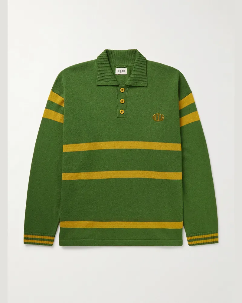 BODE Regis Wollpullover mit Polokragen, Streifen und Logostickerei Grün