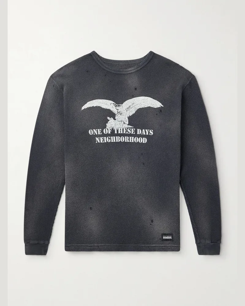 Neighborhood OOTD Oberteil aus Baumwolle in Waffelstrick mit Print und Distressed-Details Schwarz