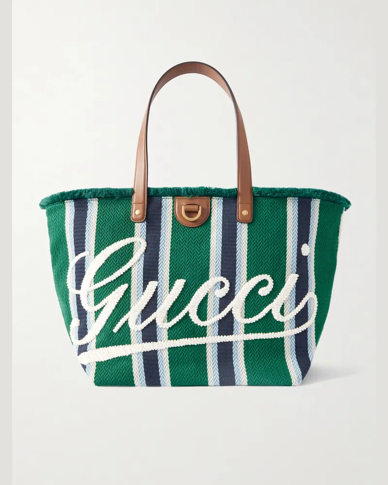 Gucci Gestreifte Tote aus Webstoff mit Lederbesatz und Logostickerei Grün