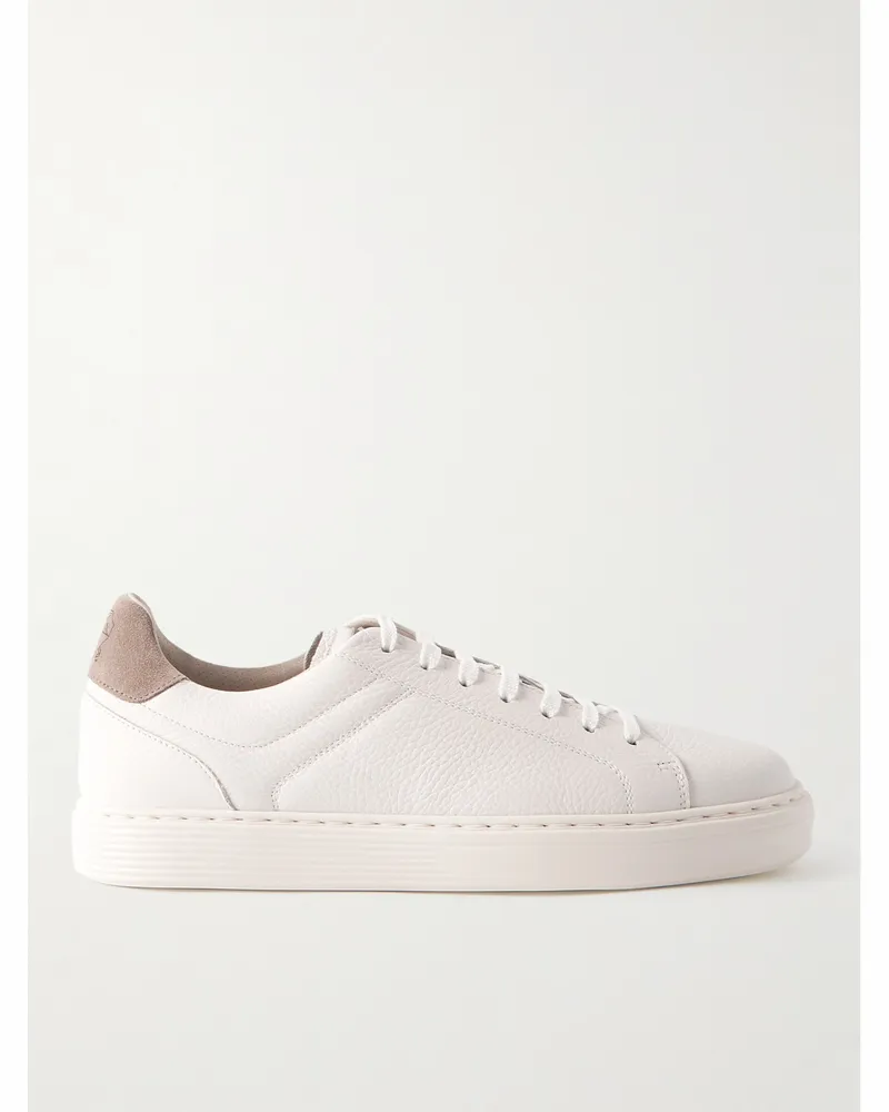 Brunello Cucinelli Suede-Trimmed Full-Grain Leather Sneakers White