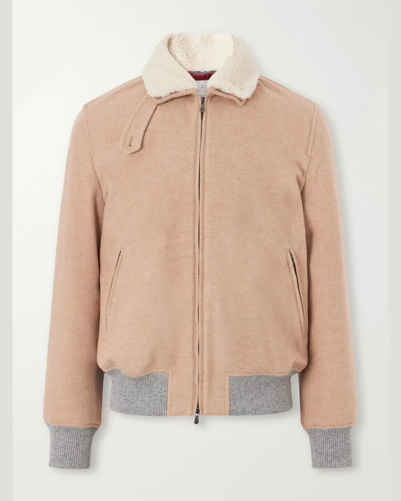 Brunello Cucinelli Shearling-Trimmed Cashmere Bomber Jacket Neutrals
