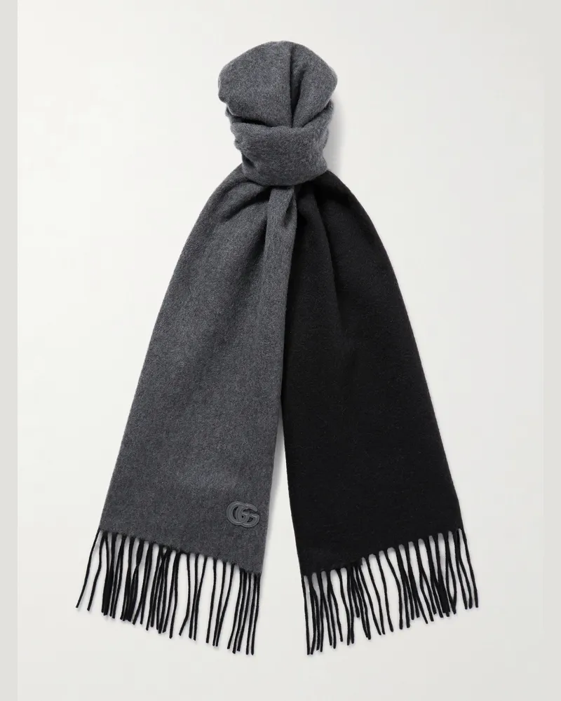 Gucci Fringed Logo-Appliquéd Leather-Trimmed Cashmere Scarf Gray