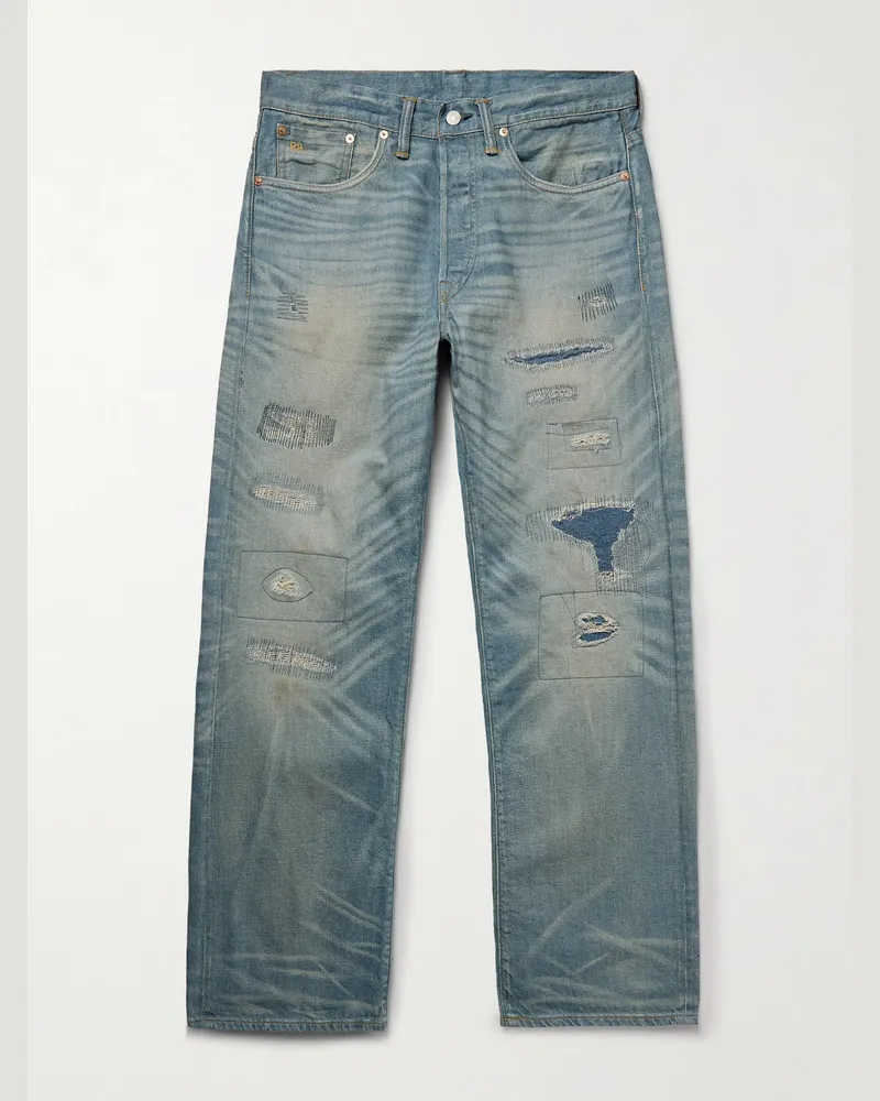 RRL Gerade geschnittene Jeans aus Selvedge Denim in Distressed-Optik und Indigo-Färbung Blau