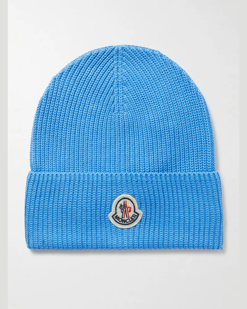 Moncler Beanie aus Baumwolle in Rippstrick mit Logoapplikation Blau