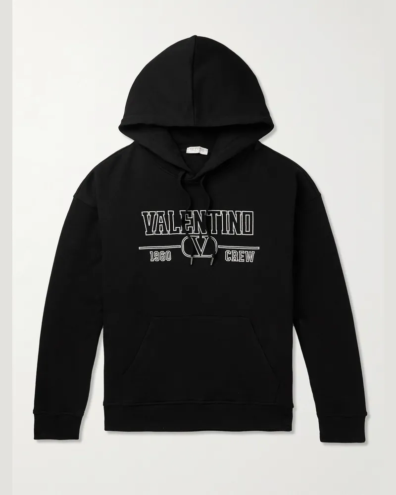 Valentino Garavani Logo-Embroidered Cotton-Jersey Hoodie Black