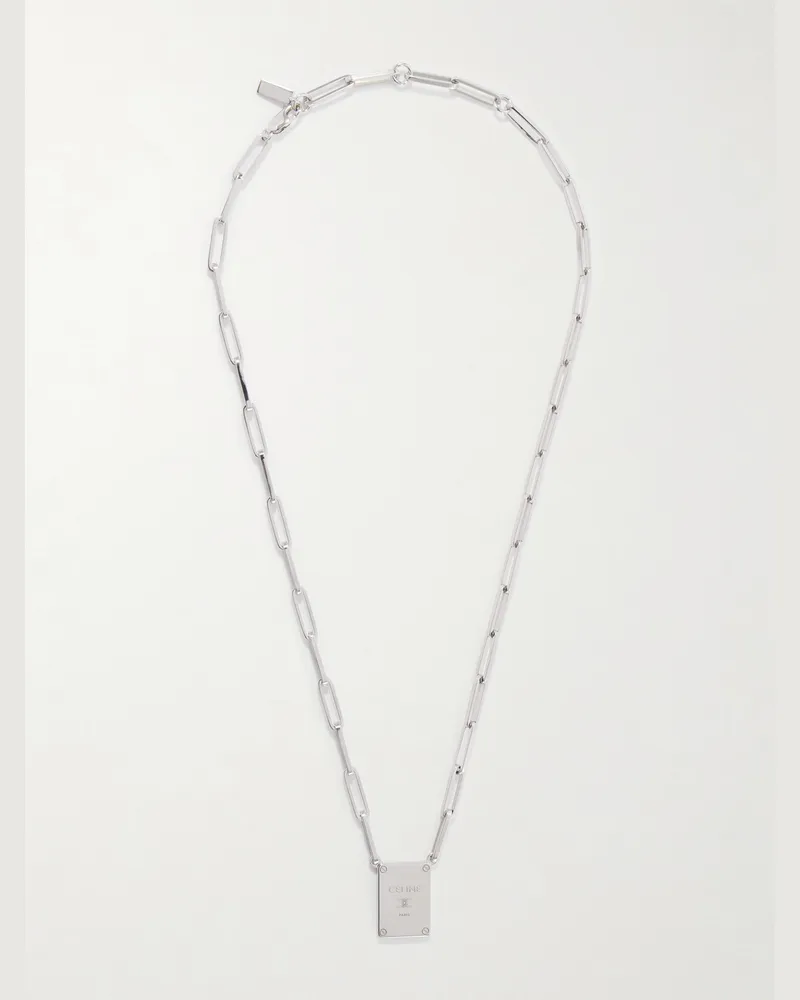 Celine Tag Logo-Embossed Silver-Tone Pendant Necklace Silver