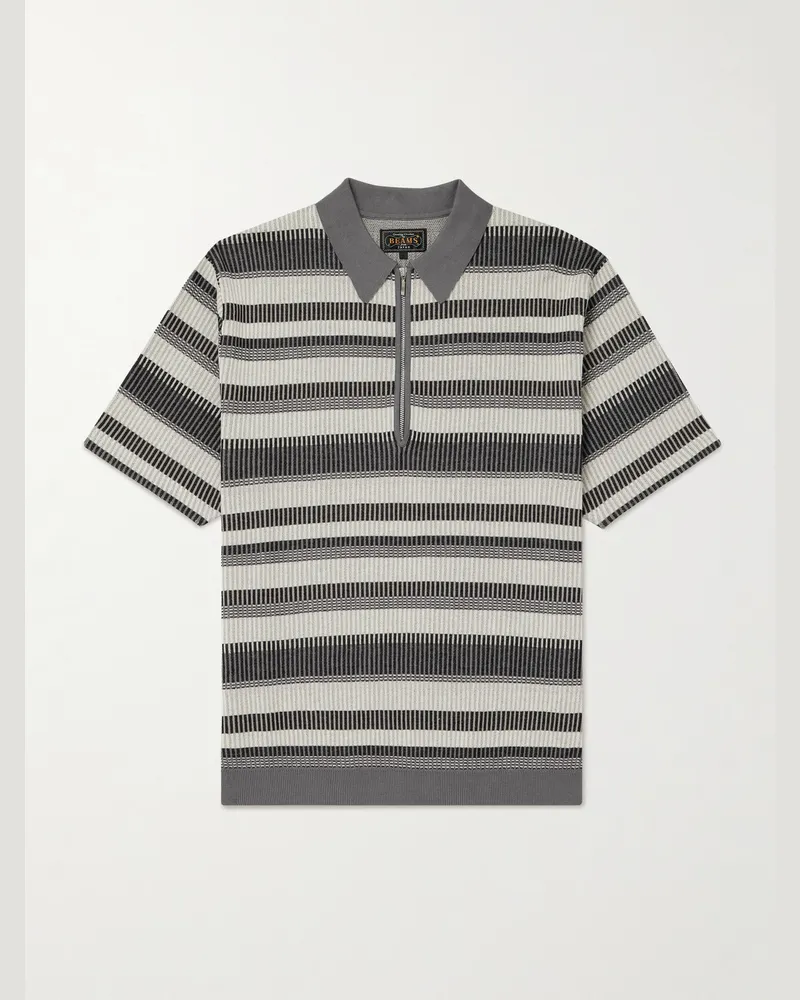 Beams Plus Striped Cotton Polo Shirt Gray