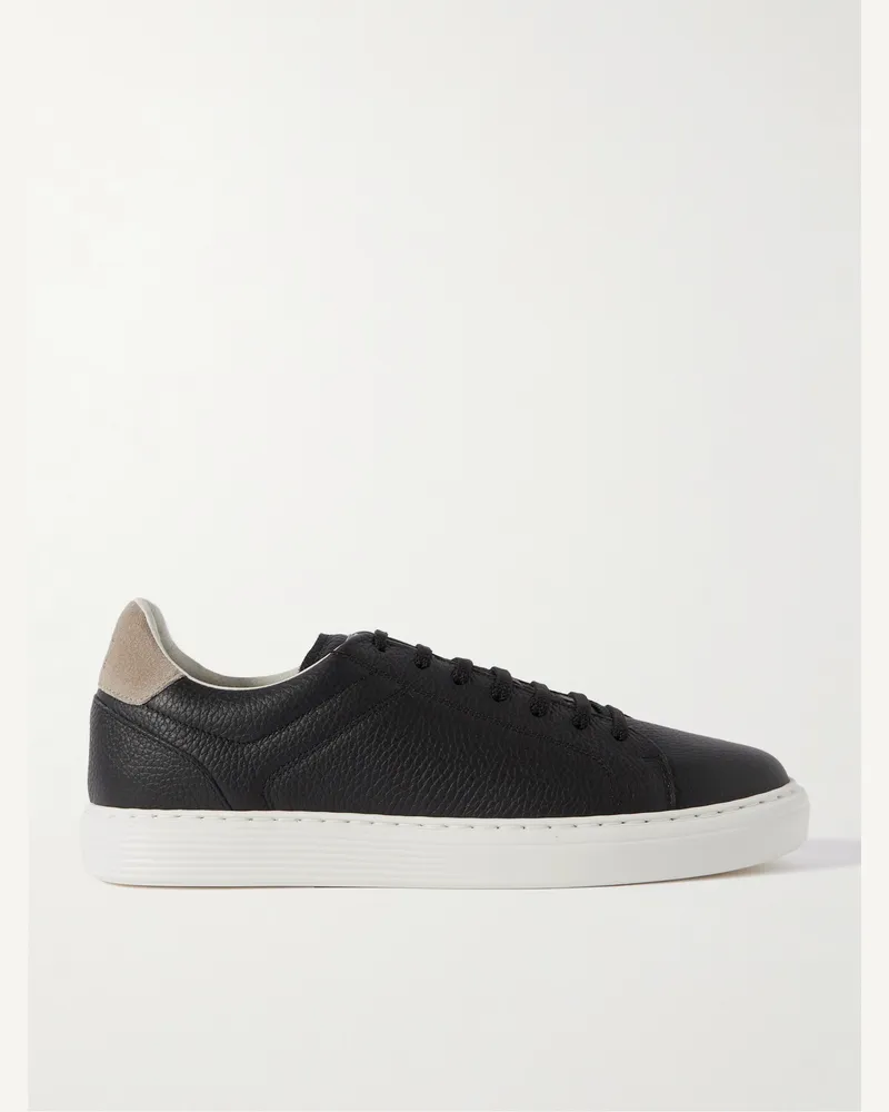 Brunello Cucinelli Suede-Trimmed Full-Grain Leather Sneakers Black