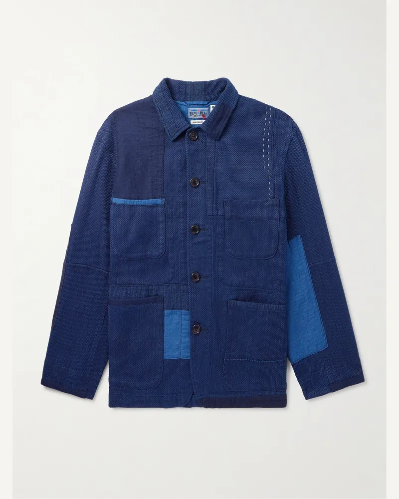 Blue Blue Japan Patchwork-Hemdjacke aus Sashiko-Baumwolle und Leinen in Indigo-Färbung Blau