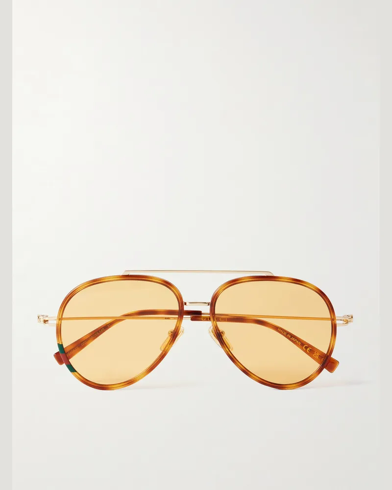 Gucci Pilotensonnenbrille aus Azetat in Schildpattoptik mit goldfarbenen Details Horn