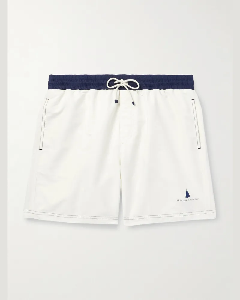 Brunello Cucinelli Gerade geschnittene mittellange Badeshorts mit Logoprint Weiß
