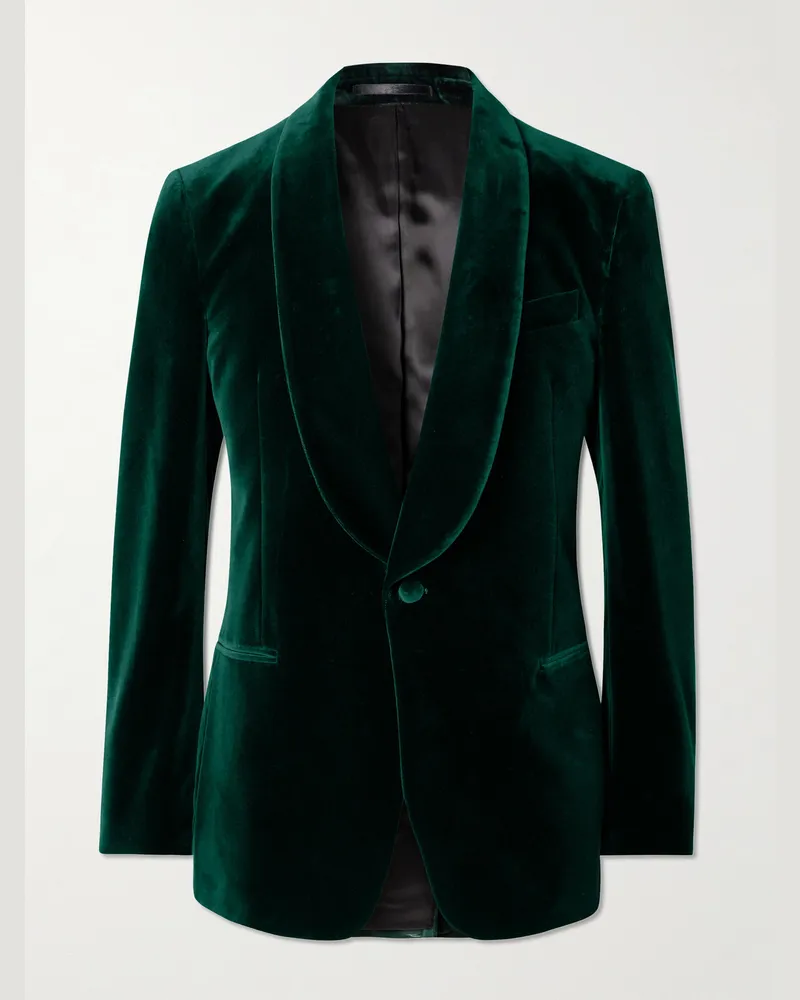 MR P. Schmal geschnittene Smokingjacke aus Baumwollsamt mit Schalkragen Grün