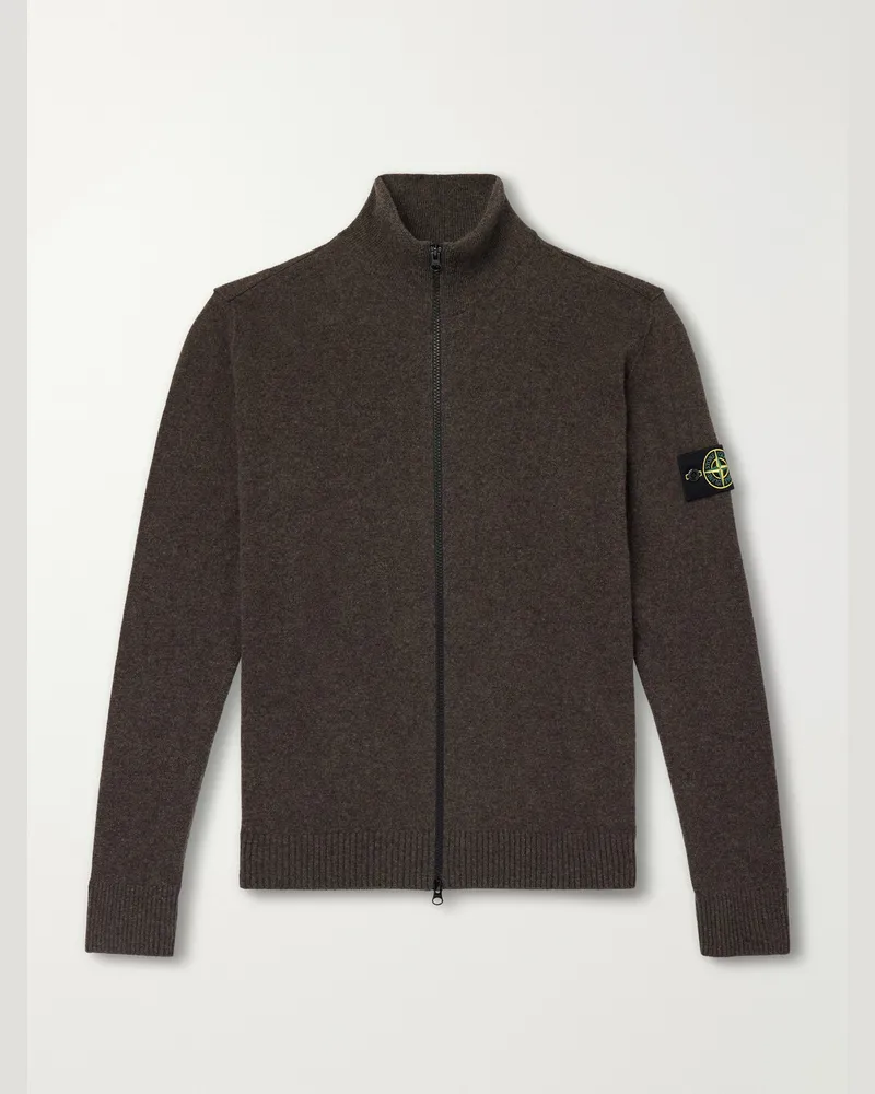 Stone Island Logo-Appliquéd Virgin Wool Zip-Up Cardigan Brown