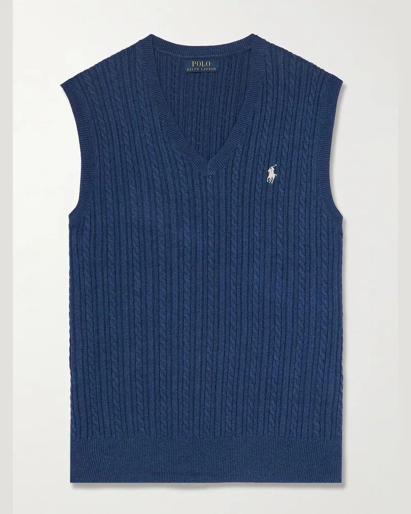 Ralph Lauren Logo-Embroidered Cable-Knit Cotton Vest Blue
