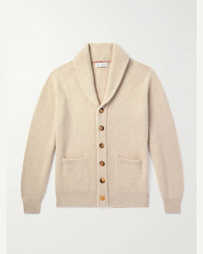 Brunello Cucinelli Cardigan aus Kaschmir in Rippstrick mit Schalkragen Neutral