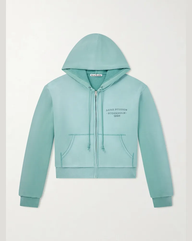 Acne Studios Feida Cropped Logo-Print Cotton-Jersey Zip-Up Hoodie Green