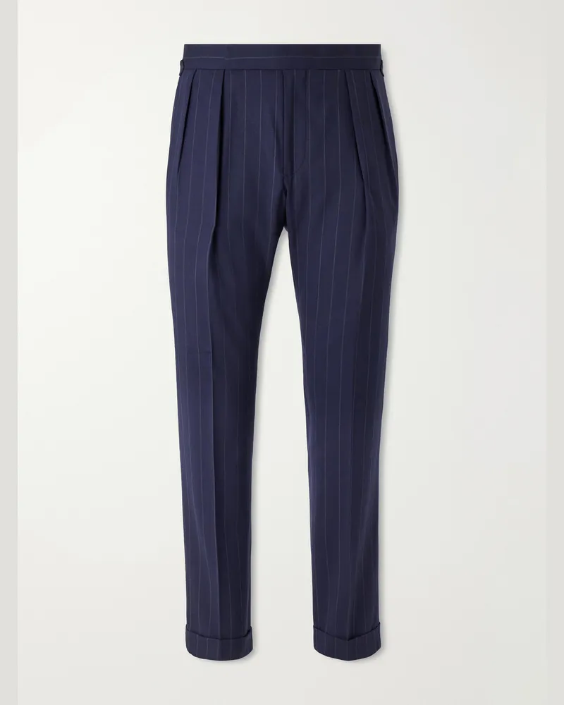 Ralph Lauren Straight-Leg Pleated Striped Wool-Blend Suit Trousers Blue