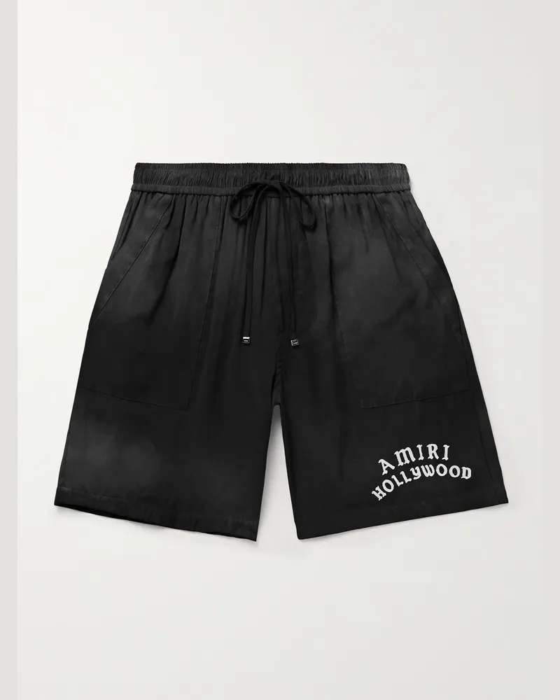 Amiri Hollywood Straight-Leg Logo-Flocked Modal-Blend Drawstring Shorts Black