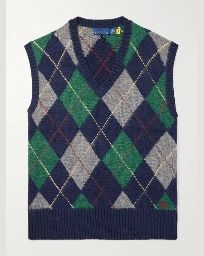 Ralph Lauren Ärmelloser Pullover aus einer Woll-Baumwollmischung mit Argyle-Intarsienmuster Blau