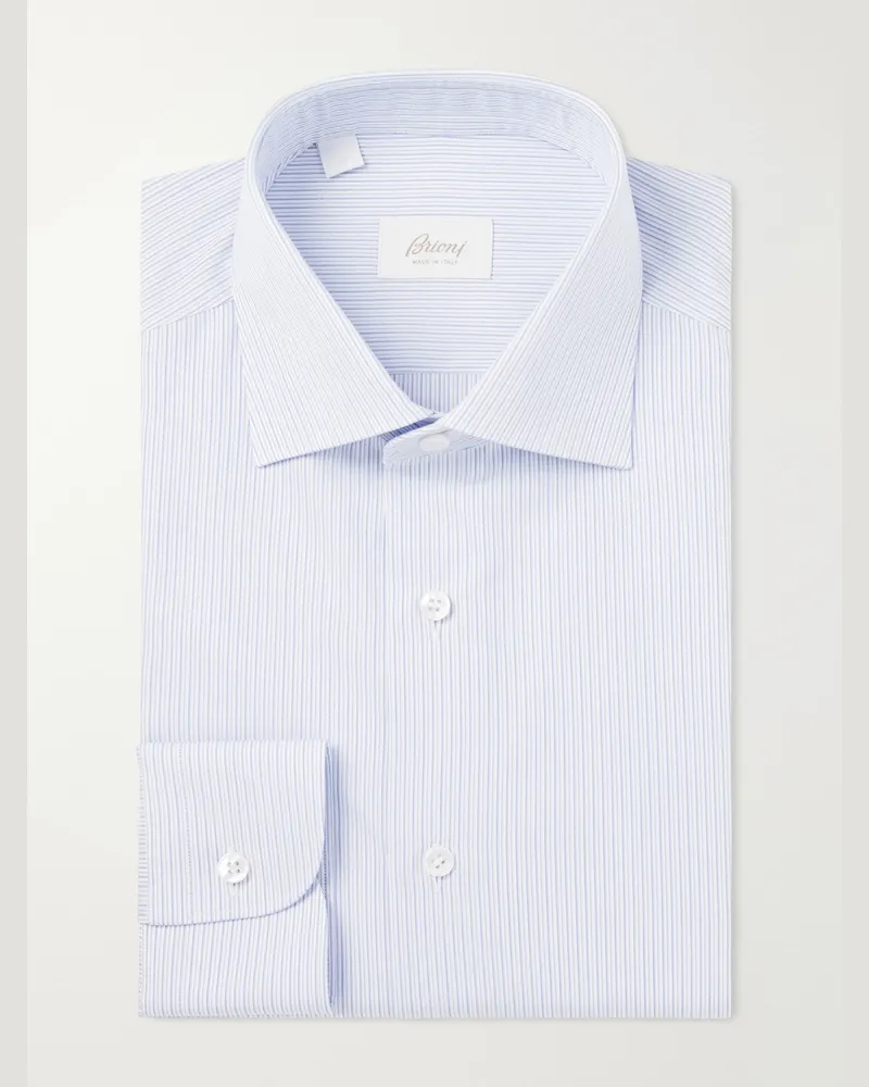 Brioni Cutaway-Collar Striped Cotton-Poplin Shirt Blue