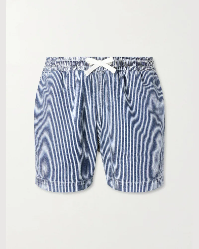 Drake's Straight-Leg Striped Cotton Drawstring Shorts Blue