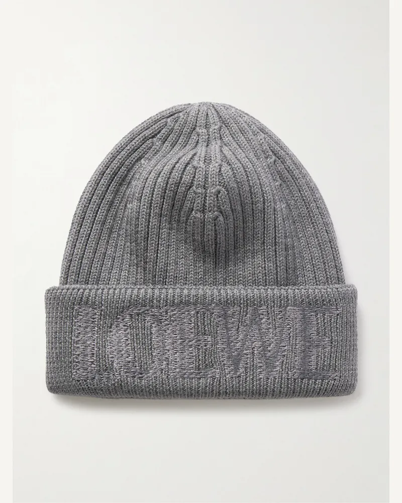 Loewe Beanie aus Wolle in Rippstrick mit Logostickerei Grau