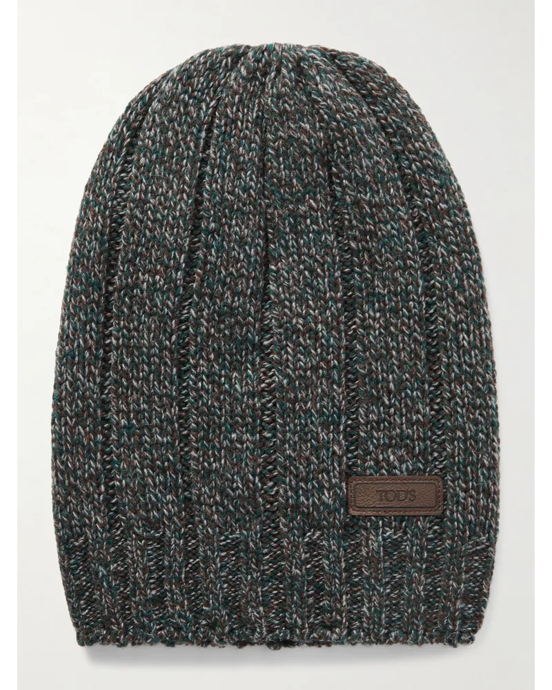 TOD'S Beanie aus einer Wollmischung in Rippstrick mit Logoapplikation Grau