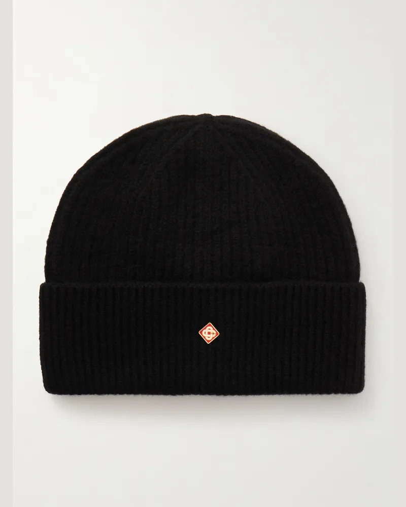 Casablanca Paris Beanie aus Wolle in Rippstrick mit Logoapplikation Schwarz