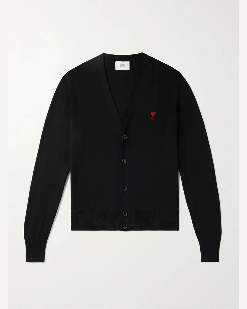 AMI Paris Schmal geschnittener Cardigan aus Merinowolle mit Logostickerei Schwarz