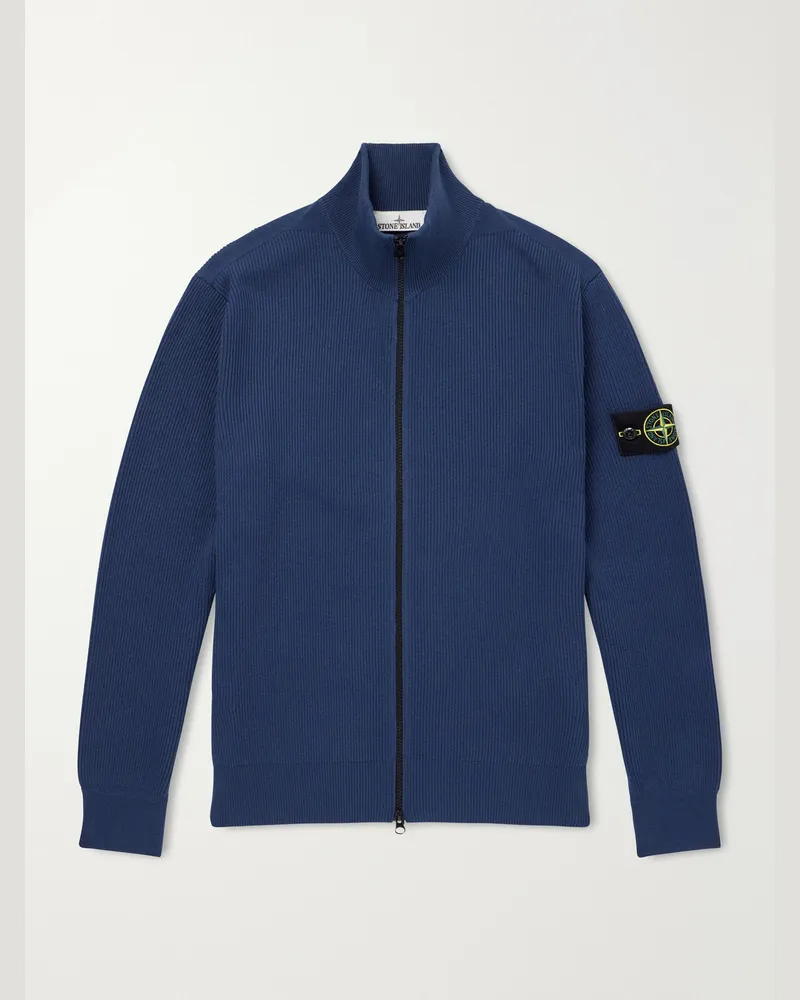 Stone Island Ribbed Cotton Zip-Up Sweater Blue