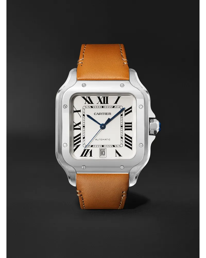 Cartier Santos 39,8 mm Uhr aus Edelstahl mit einem Edelstahlarmband und einem Lederarmband zum Wechseln, Ref.-Nr. CRWSSA0018 Silber