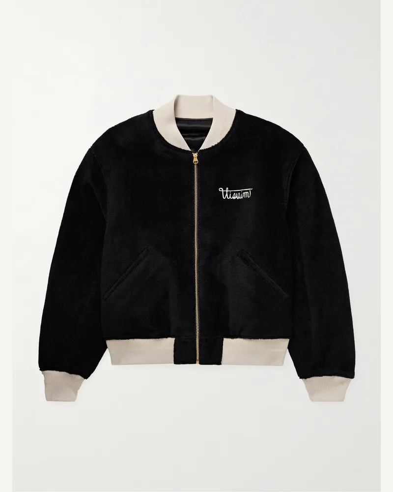 Visvim Reversible Embroidered Wool-Fleece and Silk-Satin Bomber Jacket Black