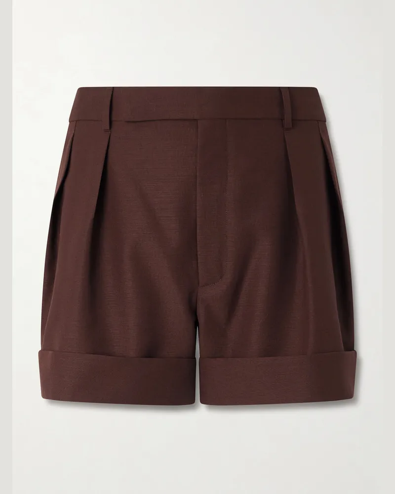 Saint Laurent Straight-Leg Pleated Wool and Mohair-Blend Shorts Brown