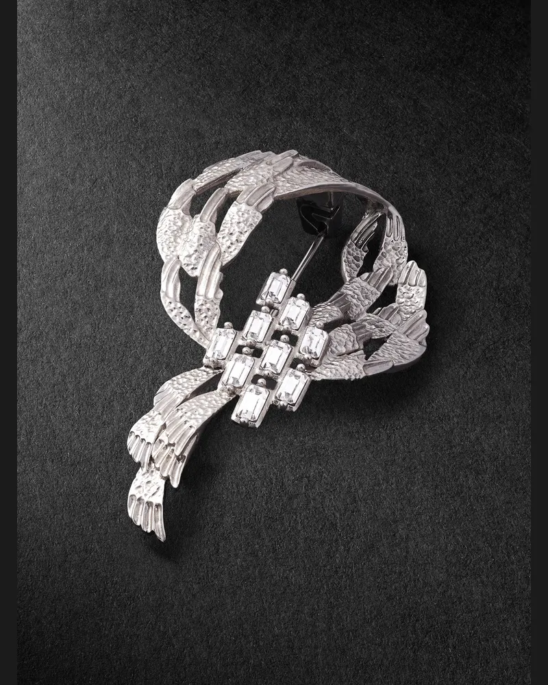 Saint Laurent Silberfarbene Brosche mit Kristallen Silber