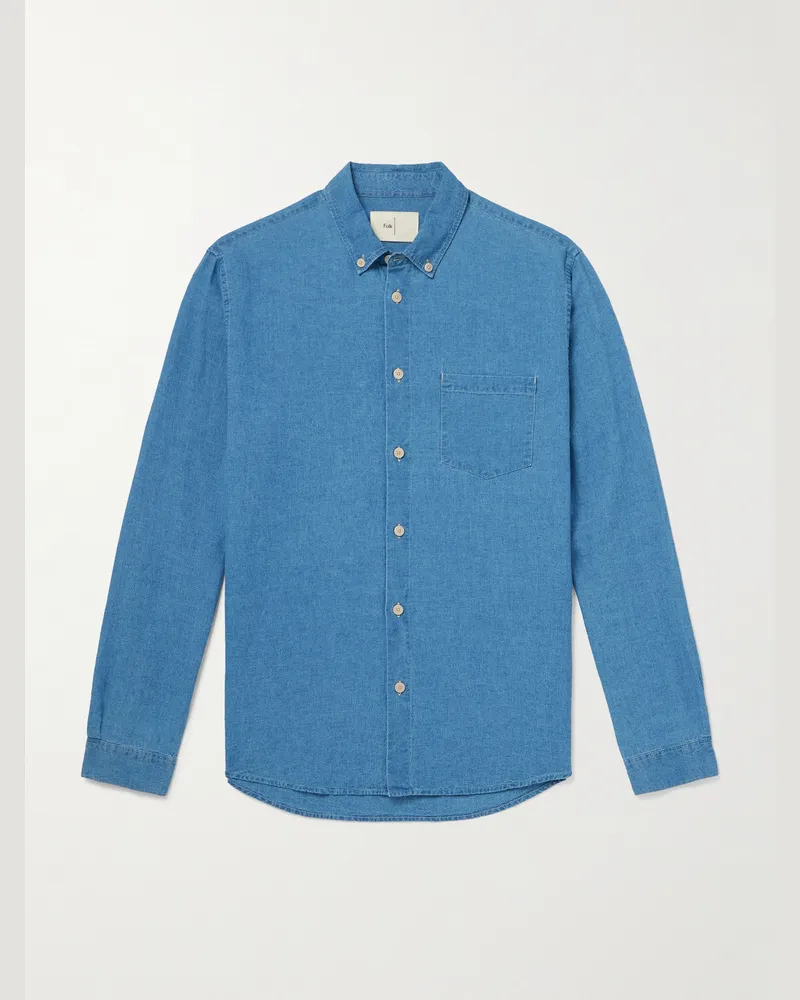 Folk Anniversary Hemd aus Chambray aus einer Leinen-Baumwollmischung mit Button-Down-Kragen Blau