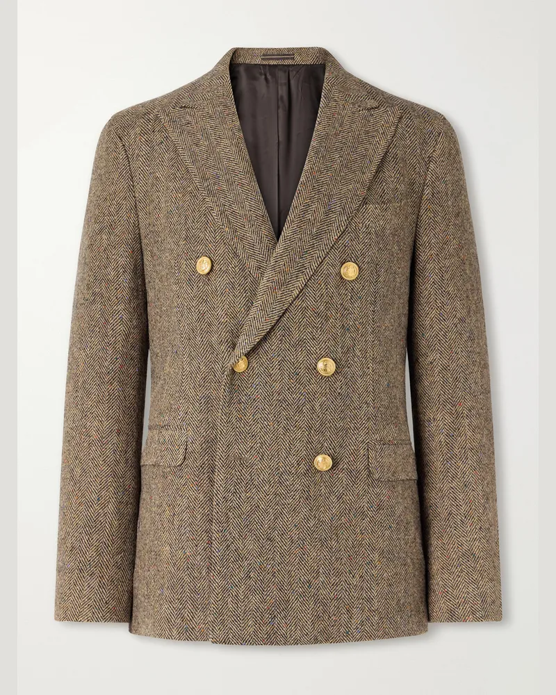 Slowear Incotex Double-Breasted Herringbone Shetland Wool-Twill Blazer Brown