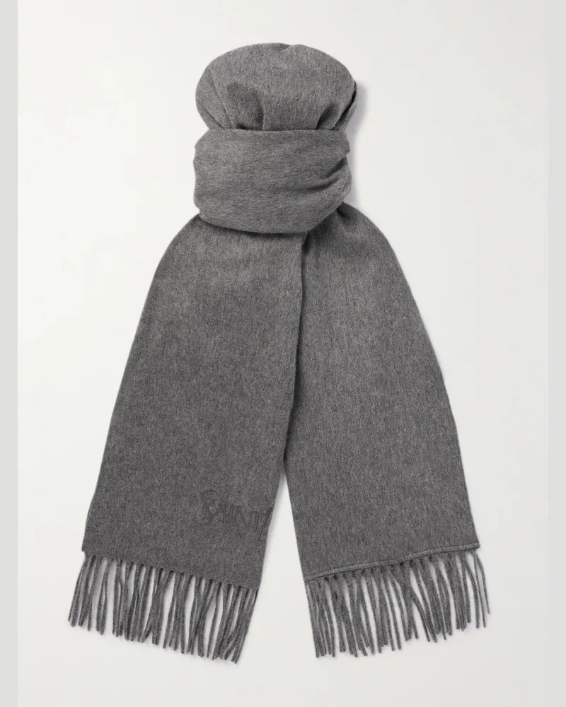 Saint Laurent Logo-Embroidered Fringed Cashmere Scarf Gray