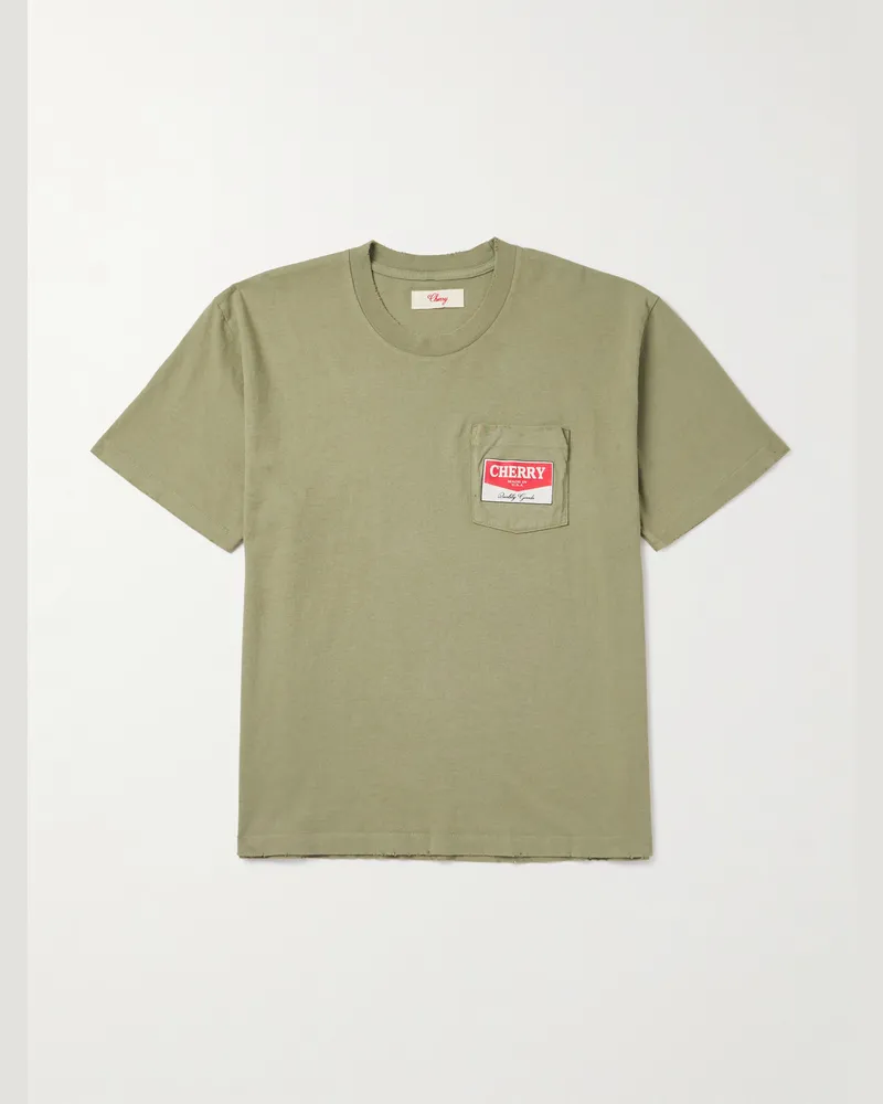 Cherry Los Angeles T-Shirt aus Baumwoll-Jersey mit Logoprint in Stückfärbung und Distressed-Optik Grün